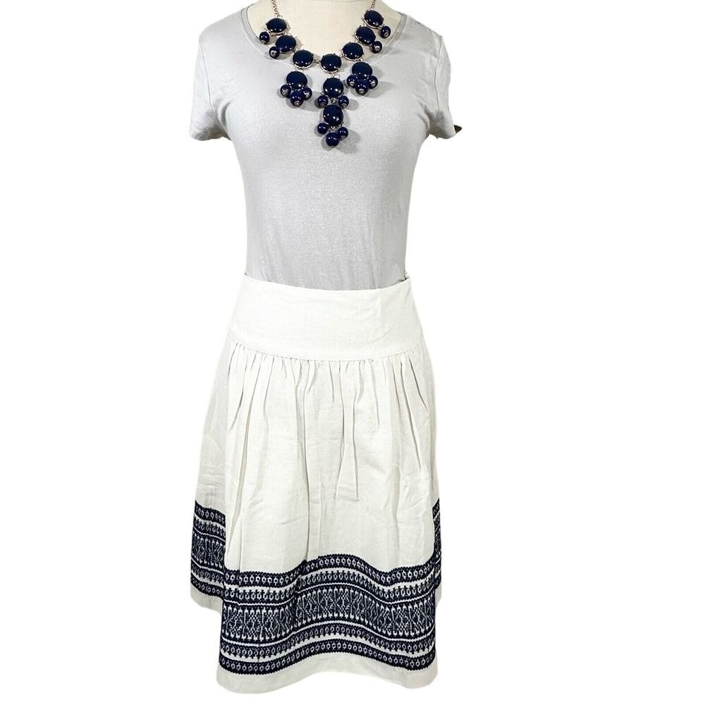 White Circle Skirt with Navy Embroidered Border